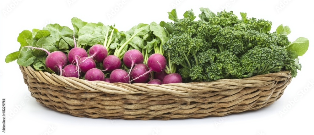 fresh radishes and broccoli in a woven basket fresh radishes and broccoli in a woven basket