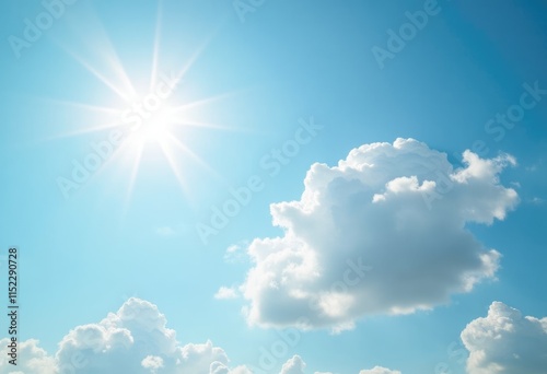 A bright sun shines in a clear blue sky with fluffy white clouds.
