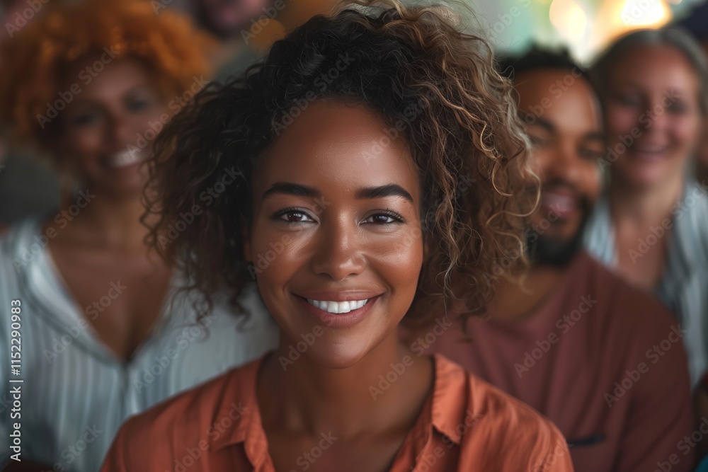 A joyful woman smiles confidently in a group setting, radiating positivity and warmth. A joyful woman smiles confidently in a group setting, radiating positivity and warmth.
