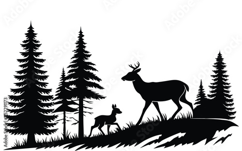 black silhouette illustration of a deer and fawn in a forest.