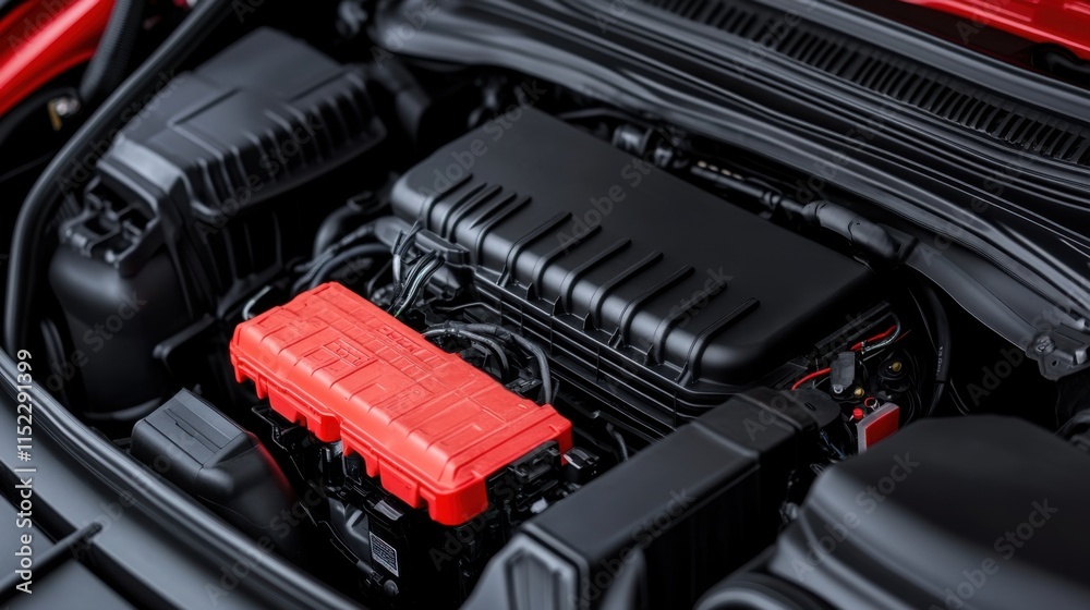 Red Engine Cover on High-Performance Car Engine with Glossy Black Components and Intricate Details Red Engine Cover on High-Performance Car Engine with Glossy Black Components and Intricate Details
