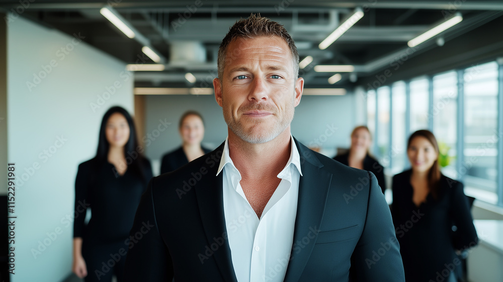 Portrait of a businessman with his team on the background. Portrait of a businessman with his team on the background.