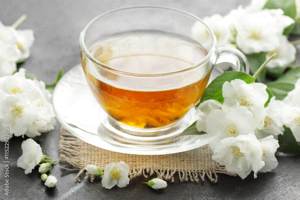 Jasmine herbal tea in a glass cup with flowers on black background, closeup, spring floral drink, natural medicine and naturopathy concept Jasmine herbal tea in a glass cup with flowers on black background, closeup, spring floral drink, natural medicine and naturopathy concept