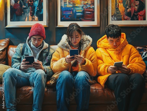 three people using their phones while sitting on a couch