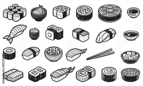 Engraved style, asian food set for web, menu, posters, decoration