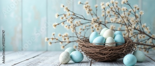 A charming nest filled with pastel-colored eggs sits on a wooden surface adorned by flowering branches. Evoking the spirit of spring and Easter celebrations, the scene creates a festive and joyful moo photo