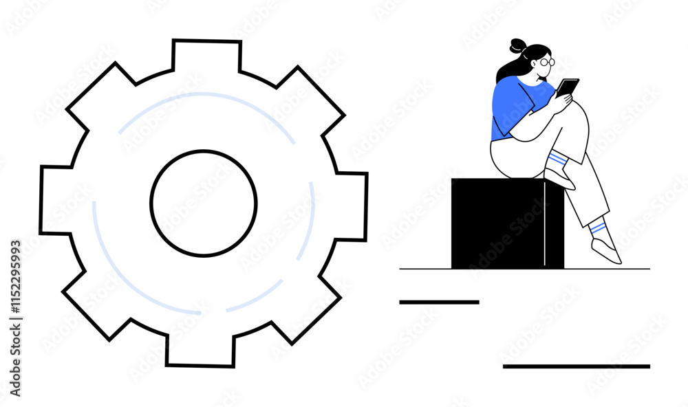 Woman sitting on a block using tablet next to a large gear. Ideal for technology, productivity, engineering, mechanics, digital tools, technical education, industrial design. Line metaphor Woman sitting on a block using tablet next to a large gear. Ideal for technology, productivity, engineering, mechanics, digital tools, technical education, industrial design. Line metaphor