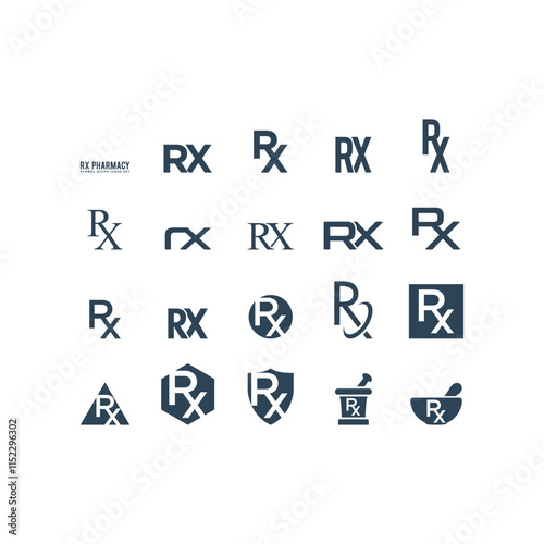 Rx pharmacy medicine, prescription flat vector icons set for app and website.