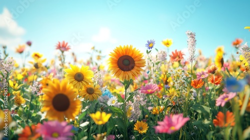 Vibrant wildflowers and sunflowers in a sunny field.