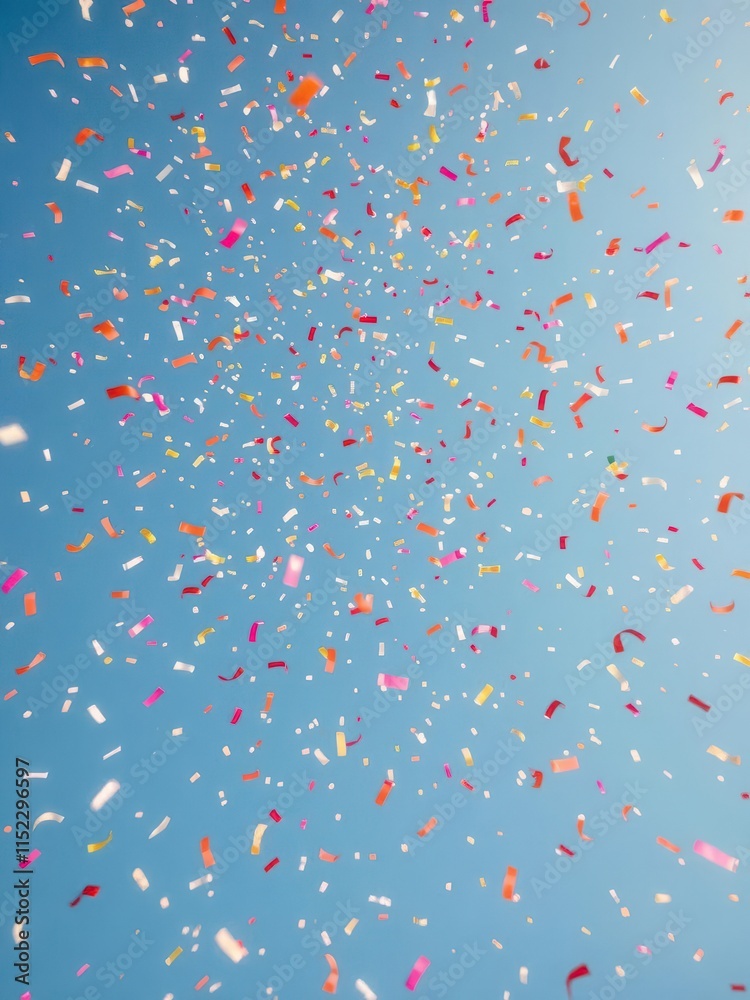 Vibrant confetti shower against a clear blue sky, festive holiday scene, confetti,blue Vibrant confetti shower against a clear blue sky, festive holiday scene, confetti,blue