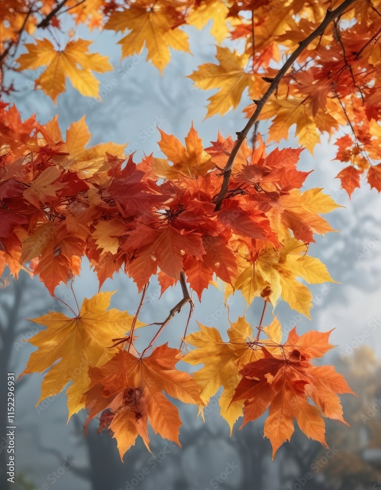 Vibrant red, orange, yellow maple leaves cluster on a branch , november, nature Vibrant red, orange, yellow maple leaves cluster on a branch , november, nature