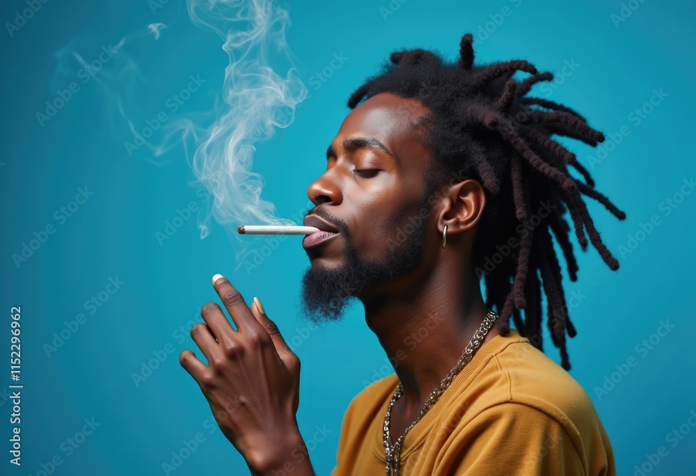 Fototapeta premium A young man with dreadlocks smokes a cigarette against a blue background.