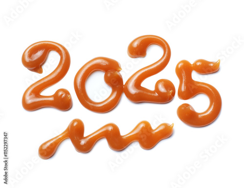 Date of the New Year 2025 drawn with melted caramel close up isolated on a white background photo