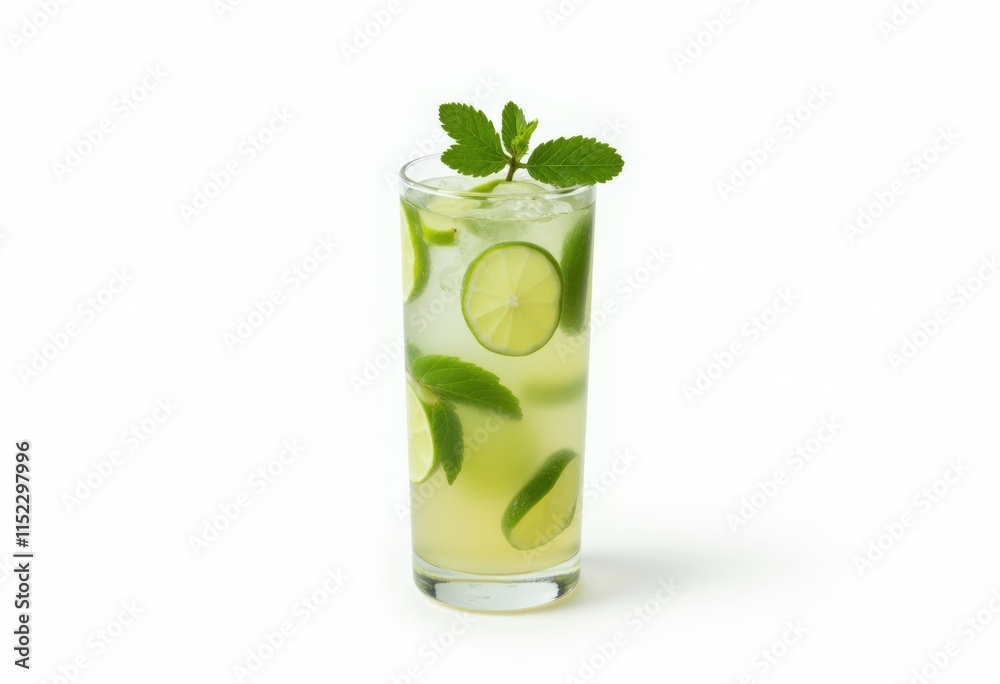 Refreshing lime and mint drink with ice in a tall glass. Refreshing lime and mint drink with ice in a tall glass.