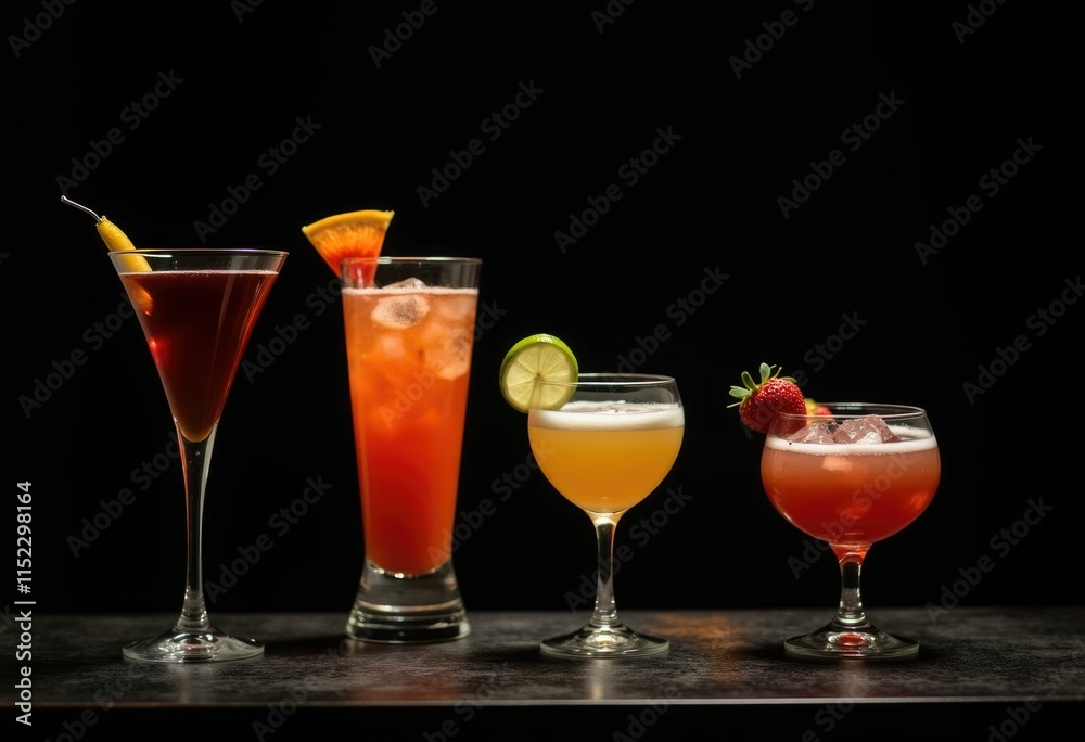 Fototapeta premium Five colorful cocktails with garnishes are arranged on a black surface.