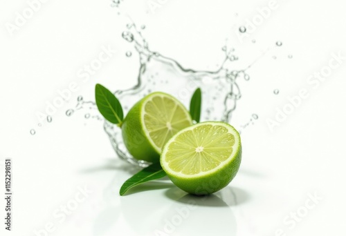 Two lime halves with leaves  water splashing around them.