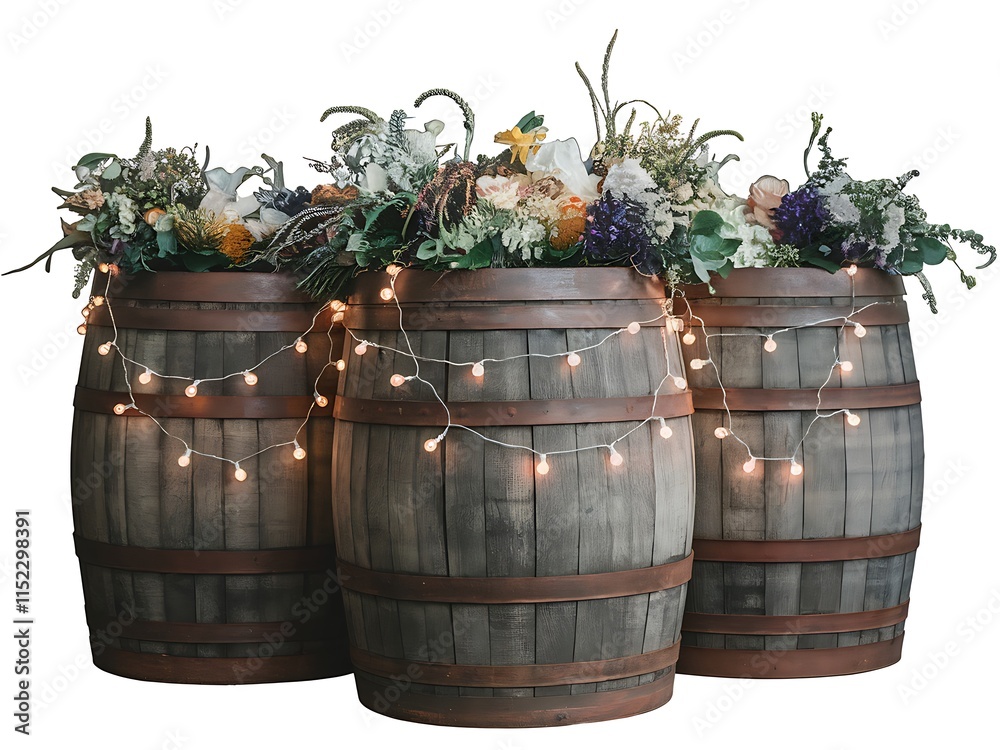 Wooden Barrels With Floral Arrangements And Lights Wooden Barrels With Floral Arrangements And Lights
