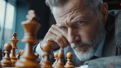 Mature man thinking while playing chess. Portrait of concentrated businessman playing chess. Senior chess player deeply concentrated on the chessboard at office. Business strategy concept. photo