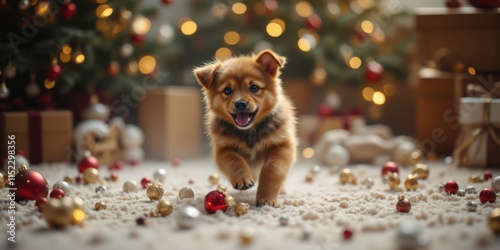 Playful puppy in holiday setting indoor festive