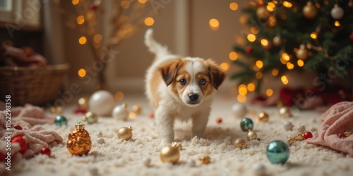 Puppy exploring christmas decor living room photo