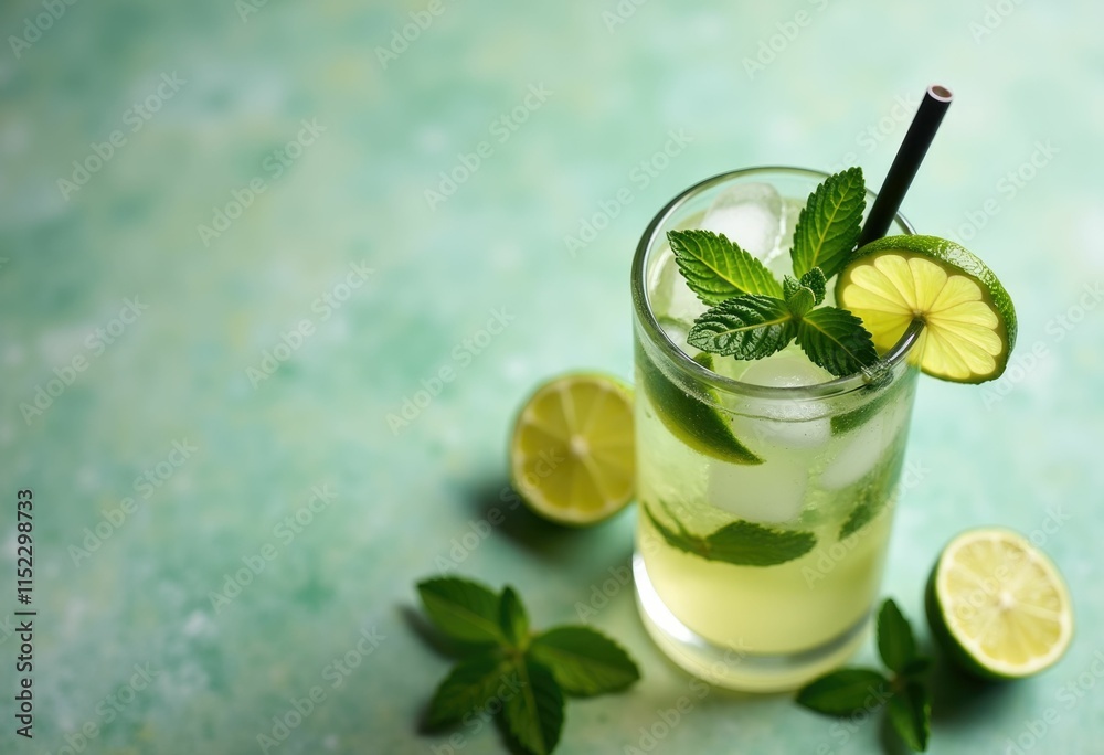A refreshing glass of lime and mint drink with ice. A refreshing glass of lime and mint drink with ice.