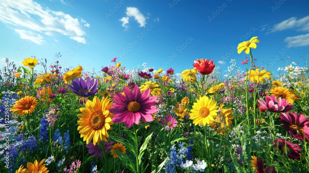 Vibrant wildflowers bloom in a sunny meadow under a bright blue sky. Vibrant wildflowers bloom in a sunny meadow under a bright blue sky.