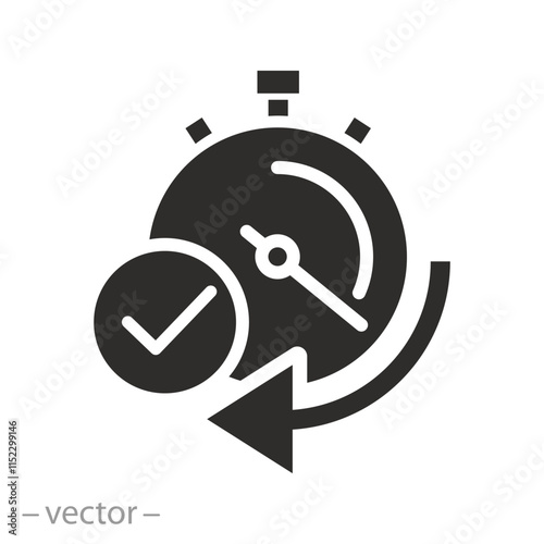 timer with check mark, quick time icon, fast deadline, instant verification, rapid delivery, flat vector illustration