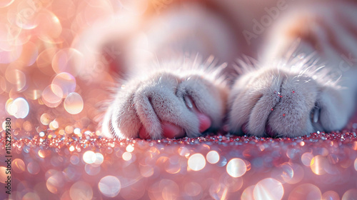 Close up of a cat's hand with flying glitters in the background