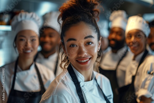 A vibrant team of chefs smiling in a busy kitchen, showcasing culinary passion and teamwork in a professional setting. photo