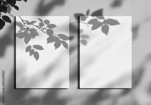 Two blank white paper sheets on a grey background with the shadow of tree leaves and a natural light effect. Mockup for artwork or text. Vector illustration design template for presentation, print, an photo