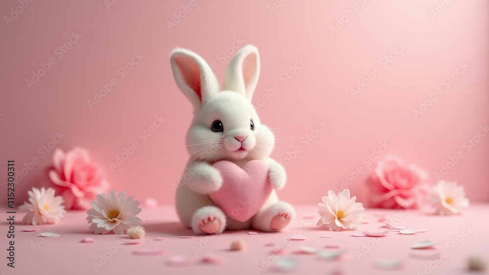 Fluffy bunny with a heart-shaped pillow on a pastel background, perfect for cute Valentine's Day imagery..