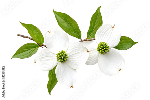 Beautiful white dogwood flowers with vibrant green leaves captured against a transparent background, showcasing the elegance of nature and the arrival of spring photo