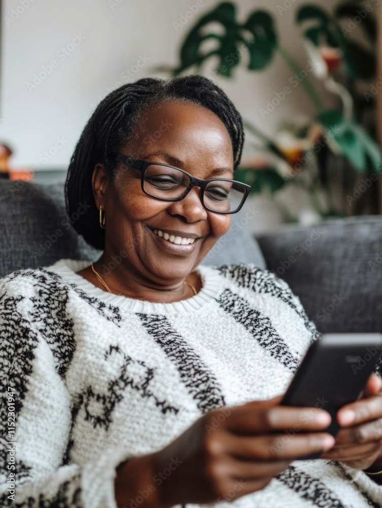 Smiling African American Woman Engrossed in Smartphone