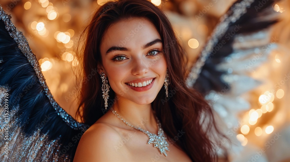 Young female model with a radiant smile and flowing dark hair with large feathered wings.