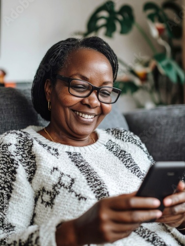Obraz na płótnie Smiling African American Woman Engrossed in Smartphone w salonie