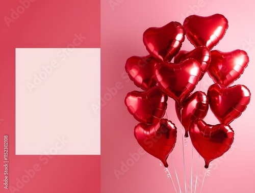 collection of helium-filled red heart-shaped balloons floating against a solid pink background.  photo