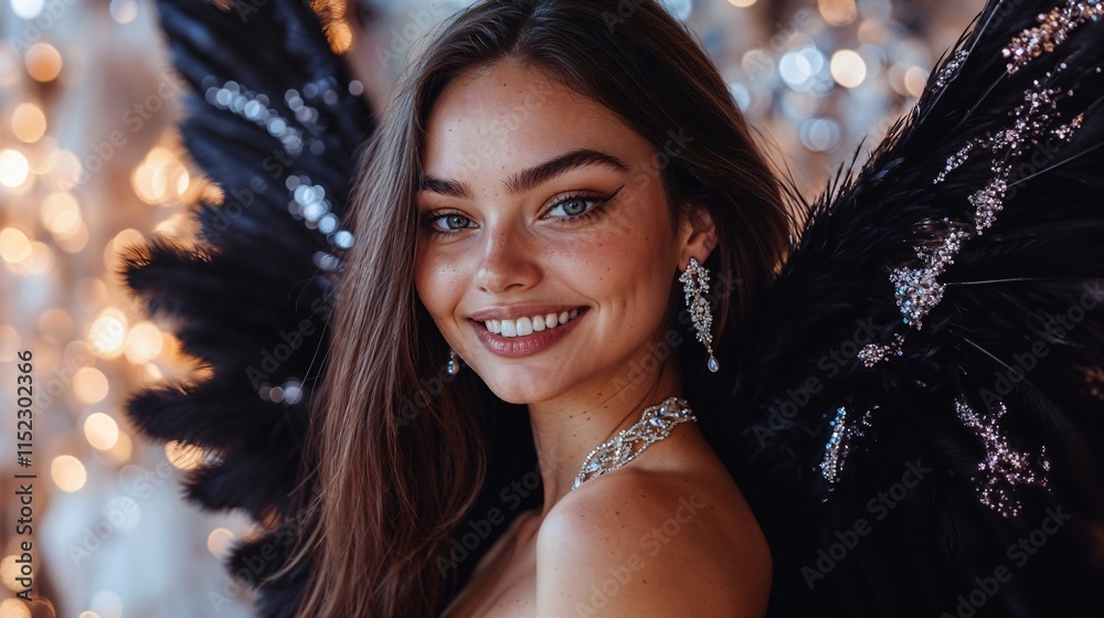 Young female model with a radiant smile and flowing dark hair with large feathered wings.