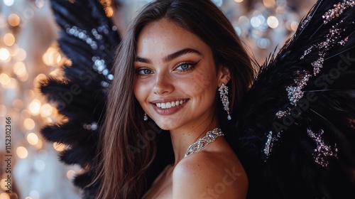 Obraz na płótnie Young female model with a radiant smile and flowing dark hair with large feathered wings. w salonie