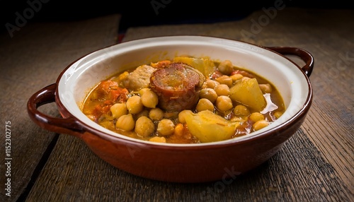 Traditional Spanish Chickpea Stew with Chorizo and Potatoes in a Rustic Clay Pot photo