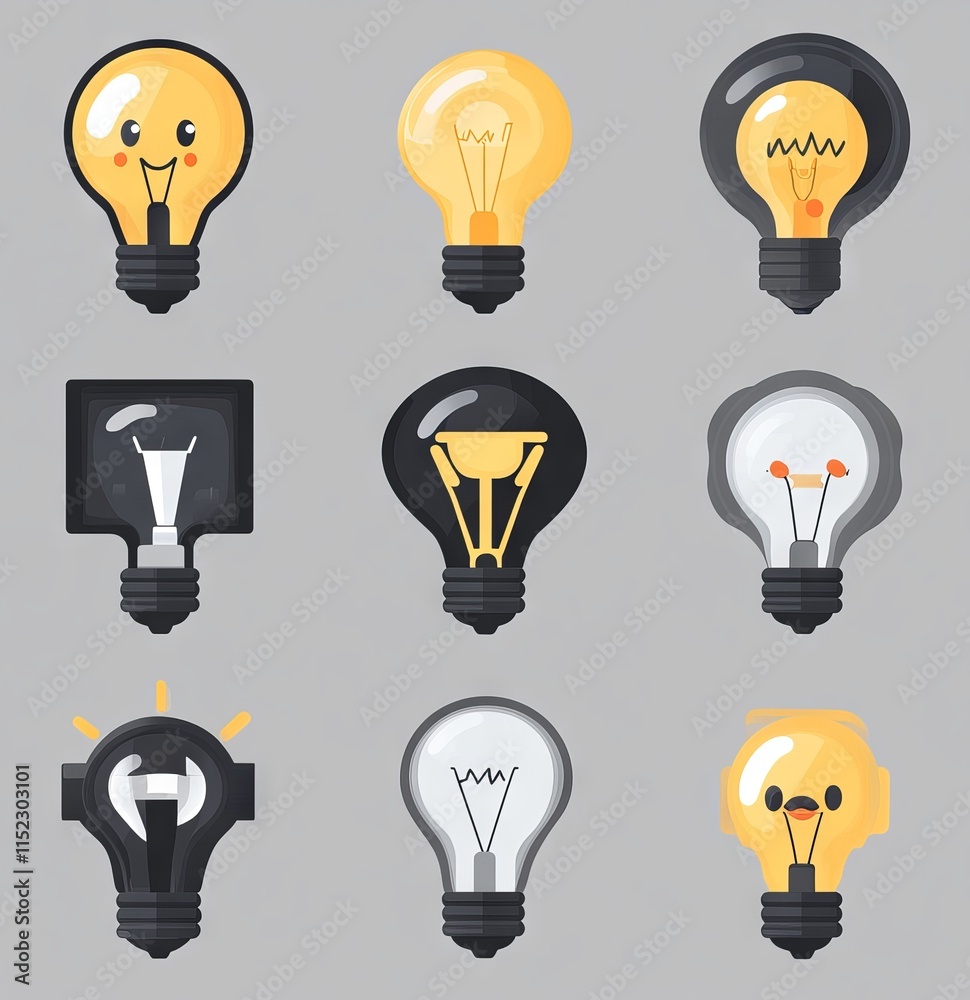 Vector icon set of lightbulbs and energy, electricity concepts in a flat style design with black color vector illustrations on a white background. Detailed character illustrations at 32K resolution ag Vector icon set of lightbulbs and energy, electricity concepts in a flat style design with black color vector illustrations on a white background. Detailed character illustrations at 32K resolution ag