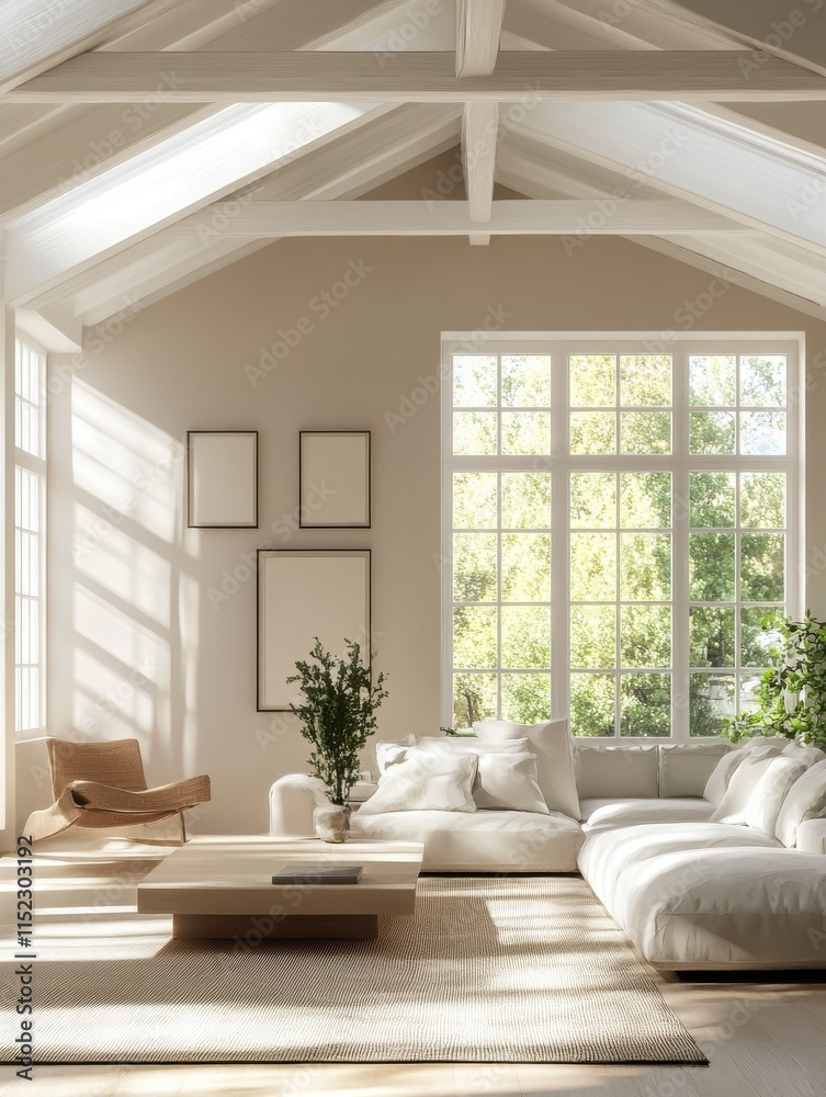 Fototapeta premium Panoramic picture of a spacious living room full of light