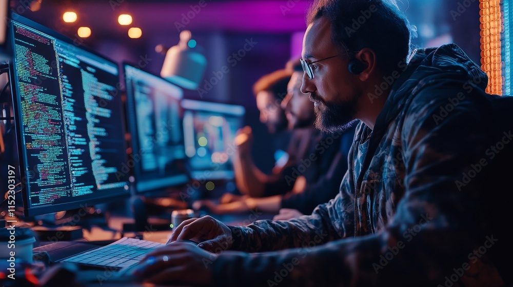 A diverse team of developers, man collaborating on futuristic technology projects, digital screens displaying holograms and coding. The innovation, teamwork, technological advancements, tech business A diverse team of developers, man collaborating on futuristic technology projects, digital screens displaying holograms and coding. The innovation, teamwork, technological advancements, tech business