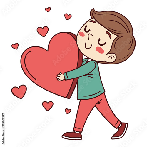 Cute Boy Holding a Big Heart flat cartoon character