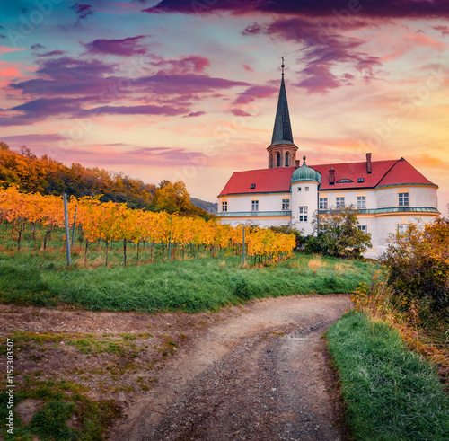 Splendid autumn view of Gumpoldskirchen (St. Michael) Catholic Church among the vineyards, Austria. Fantastic sunrise in Austrian countryside with old road in outscirts of Gumpoldskirchen town. photo