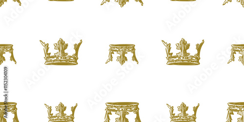 Seamless pattern of sketches ancient golden crown, vector hand drawn illustration, background, paper, fabric, wallpaper