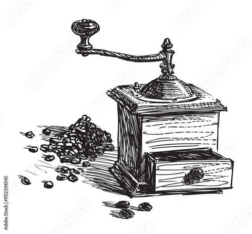 Sketch of old wooden coffee grinder with coffee beans, hand drawn, doodle, vector illustration isolated on white
