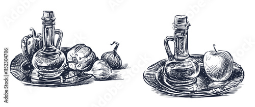 Sketches of still life with oil bottle, peppers, garlic, apple on metal tray, realistic hand drawn vector illustration