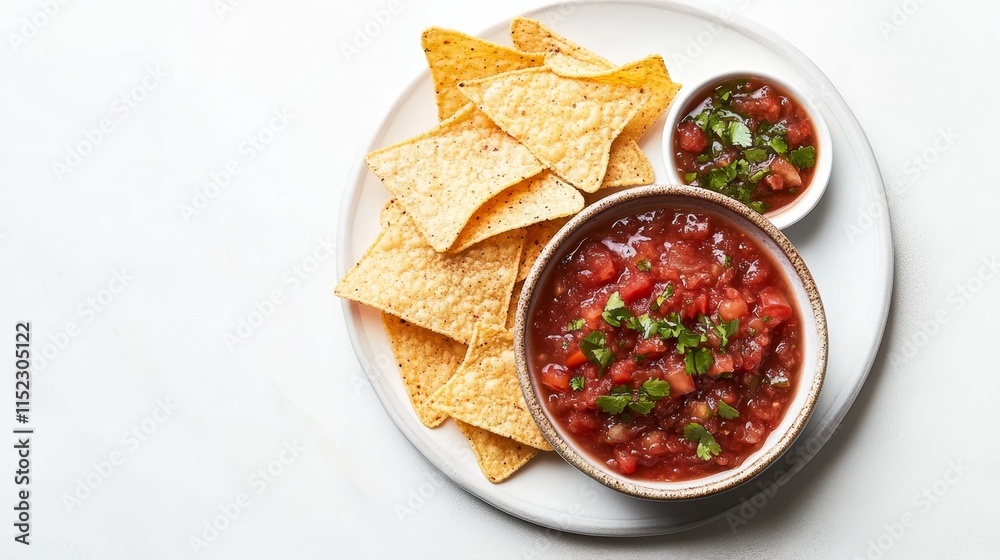 Overhead View of Crispy Tortilla Chips and Fresh Tomato Salsa in Bowls on White Background Overhead View of Crispy Tortilla Chips and Fresh Tomato Salsa in Bowls on White Background