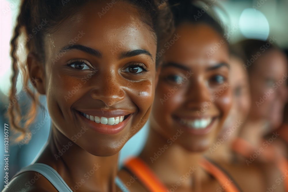 Close-up portrait of smiling women in fitness attire, showcasing joy and camaraderie in a workout setting. Close-up portrait of smiling women in fitness attire, showcasing joy and camaraderie in a workout setting.