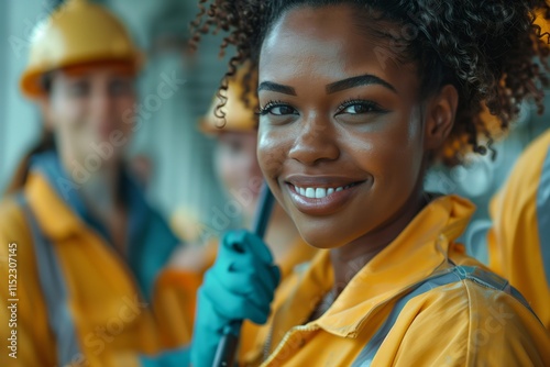 Confident female worker in safety gear smiles while holding a tool in a professional environment. photo